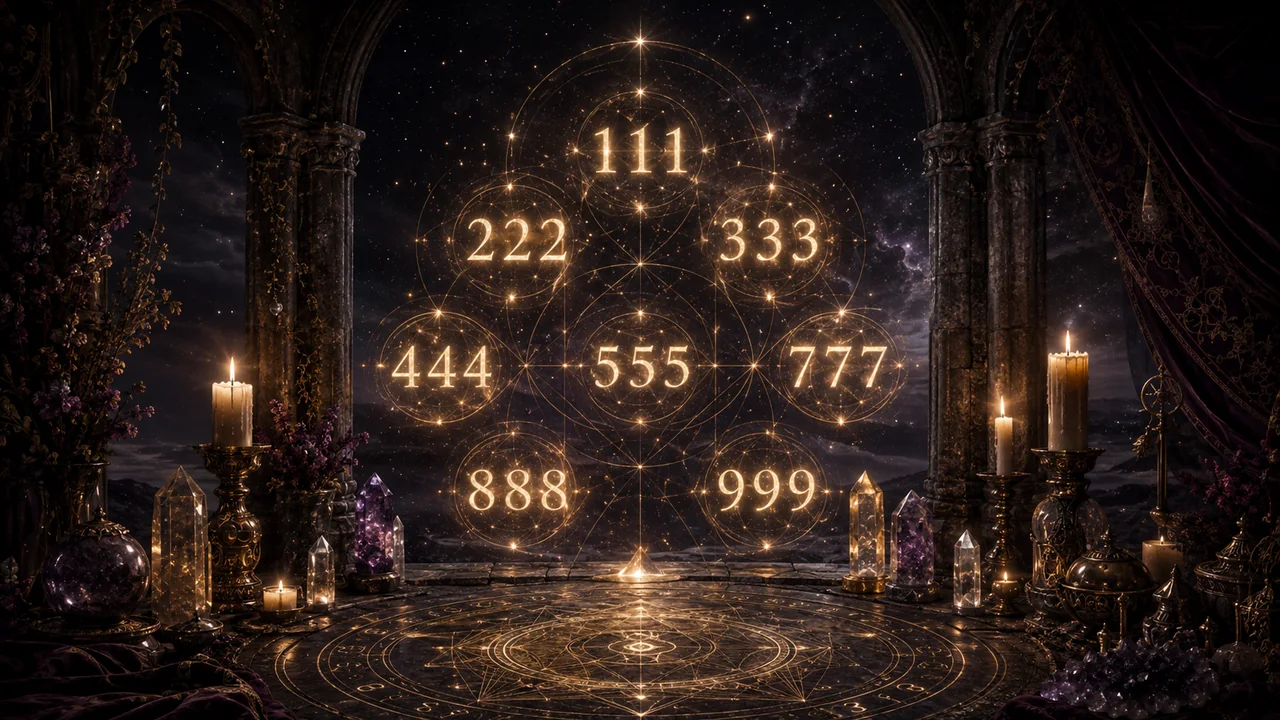 Liczby anielskie 111–999 w geometrycznym mandala na tle gwiaździstego nieba
