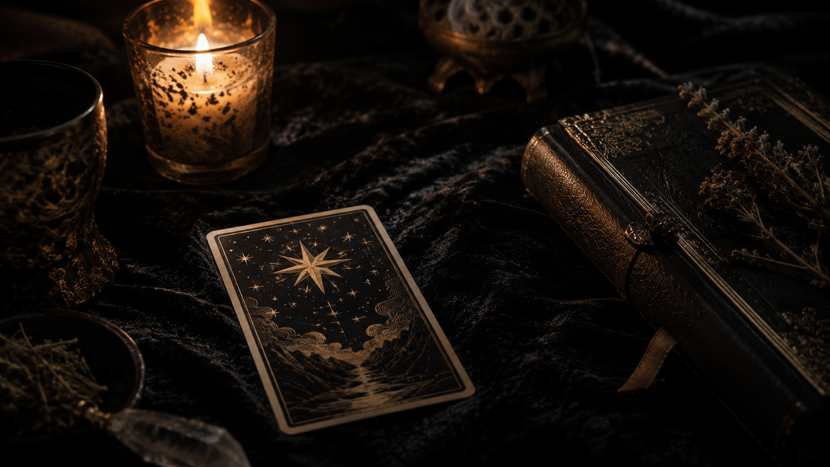Pojedyncza karta tarota na czarnym materiale, świeca i złote detale — tarot a intuicja