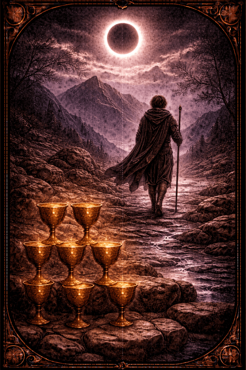 Ósemka Kielichów tarot — symbol odejścia w poszukiwaniu głębszego sensu