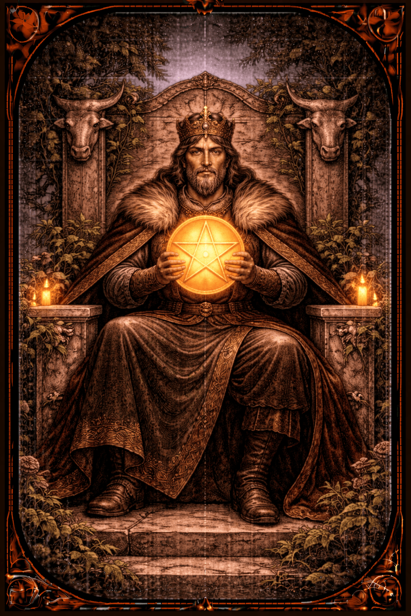 Król Pentakli tarot — symbol stabilności materialnej, odpowiedzialności i dojrzałego zarządzania