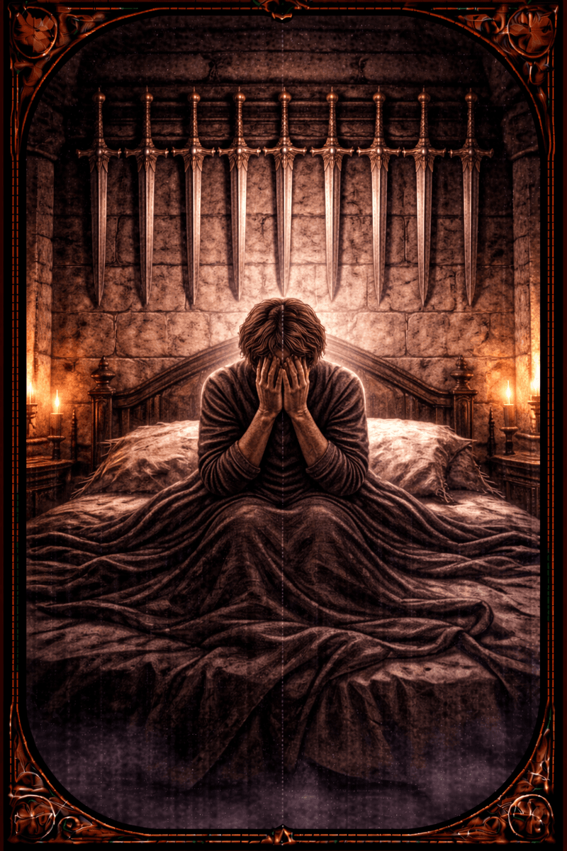Dziewiątka Mieczy tarot — symbol lęku, bezsenności i natłoku myśli