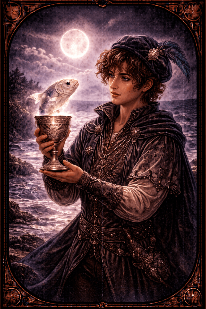 Paź Kielichów tarot — symbol delikatnej wiadomości serca i wrażliwości
