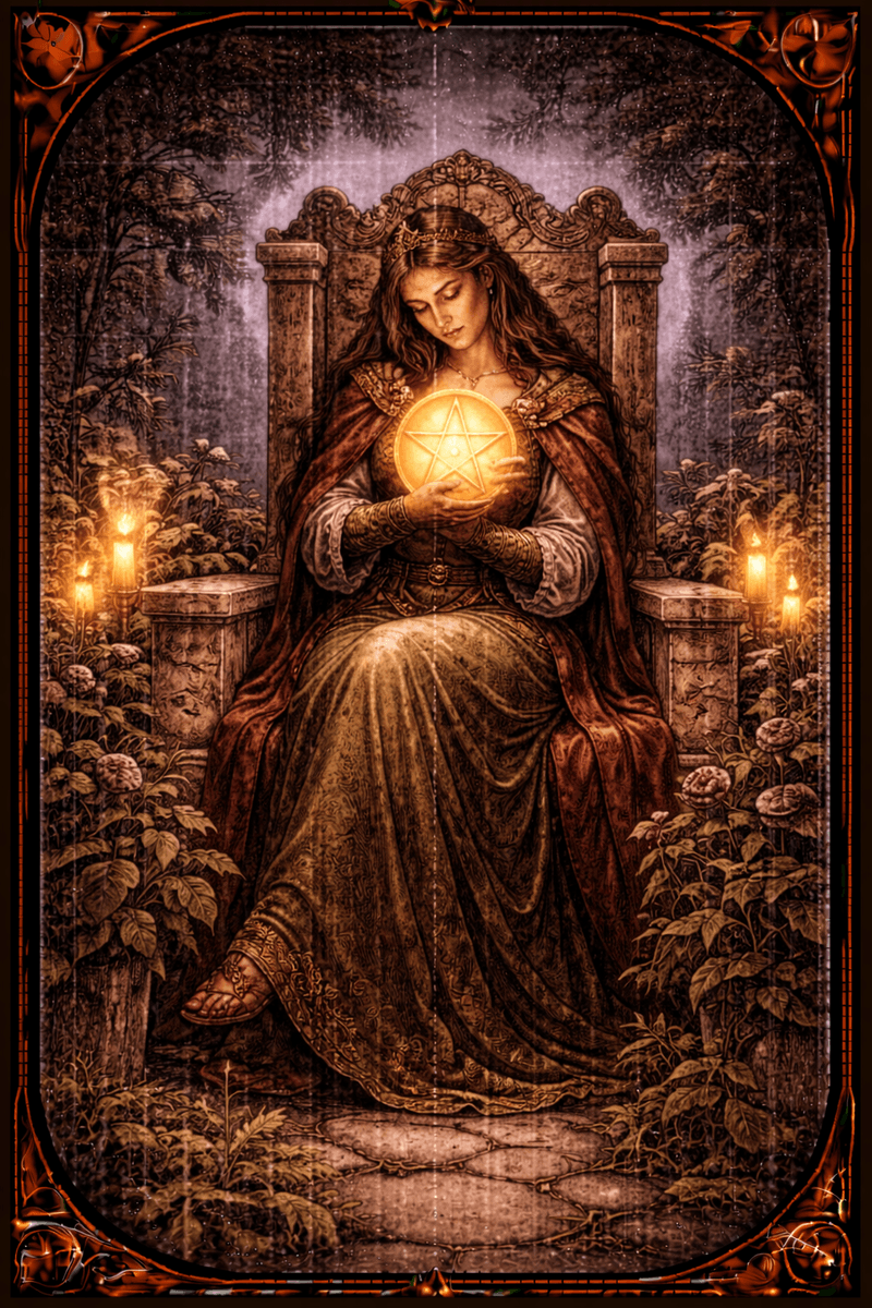 Królowa Pentakli tarot — symbol opieki, obfitości i praktycznej troski o zasoby