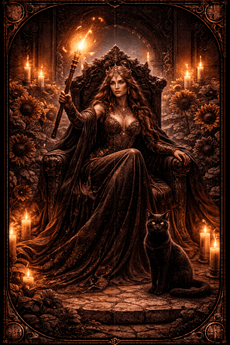 Królowa Buław tarot — symbol pewności siebie, magnetyzmu i twórczej odwagi