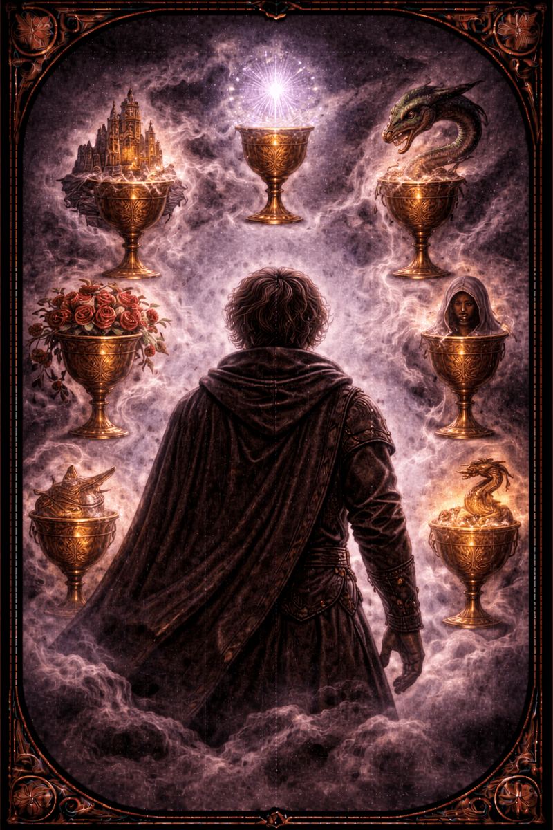 Siódemka Kielichów tarot — symbol wielu pragnień i iluzji wyboru