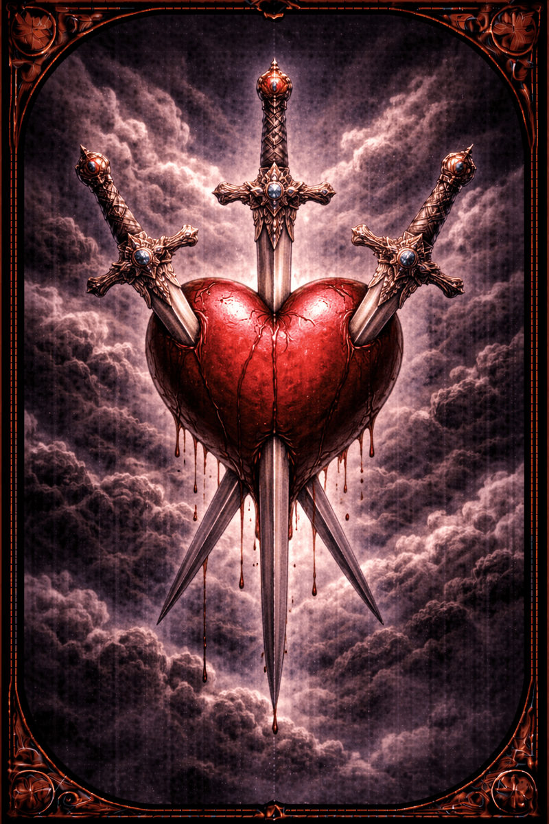 Trójka Mieczy tarot — symbol bolesnej prawdy i złamanego serca